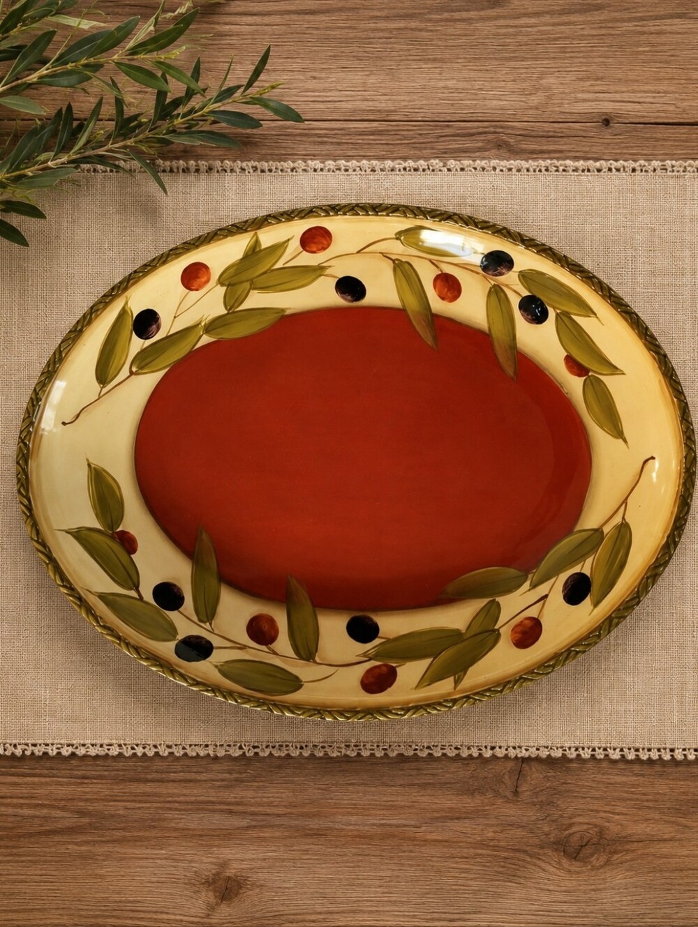 Oval Olive Branch Serving Platter -by Ckay Art- Red Center